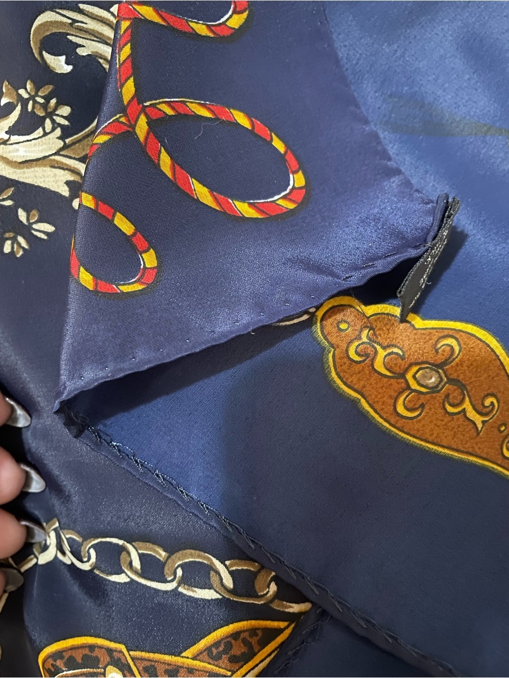 Hermès Navy Silk Scarf with Gold and Orange Harness Motif - Picture 14 of 16